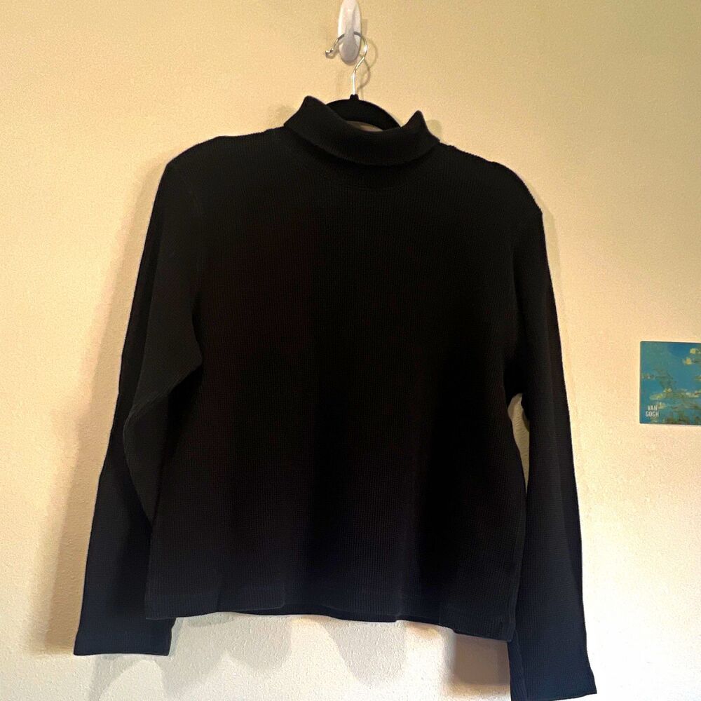 Real Comfort Women’s Black Ribbed-Knit Mock Neck Cotton Sweater Pullover L